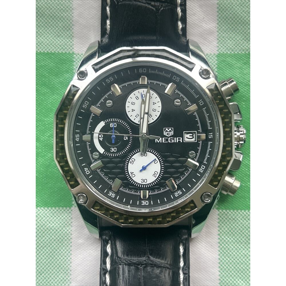 MEGIR Chronograph Quartz Watch for Men Fashion Sports Leather Strap